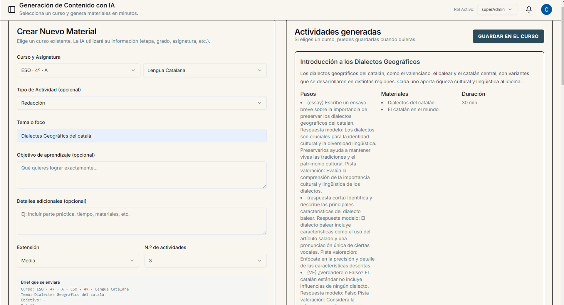 Generador de actividades de correctorSofía con configuración y resultados.