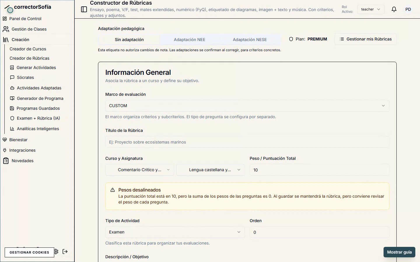 Opciones de adaptación pedagógica dentro del constructor de rúbricas.