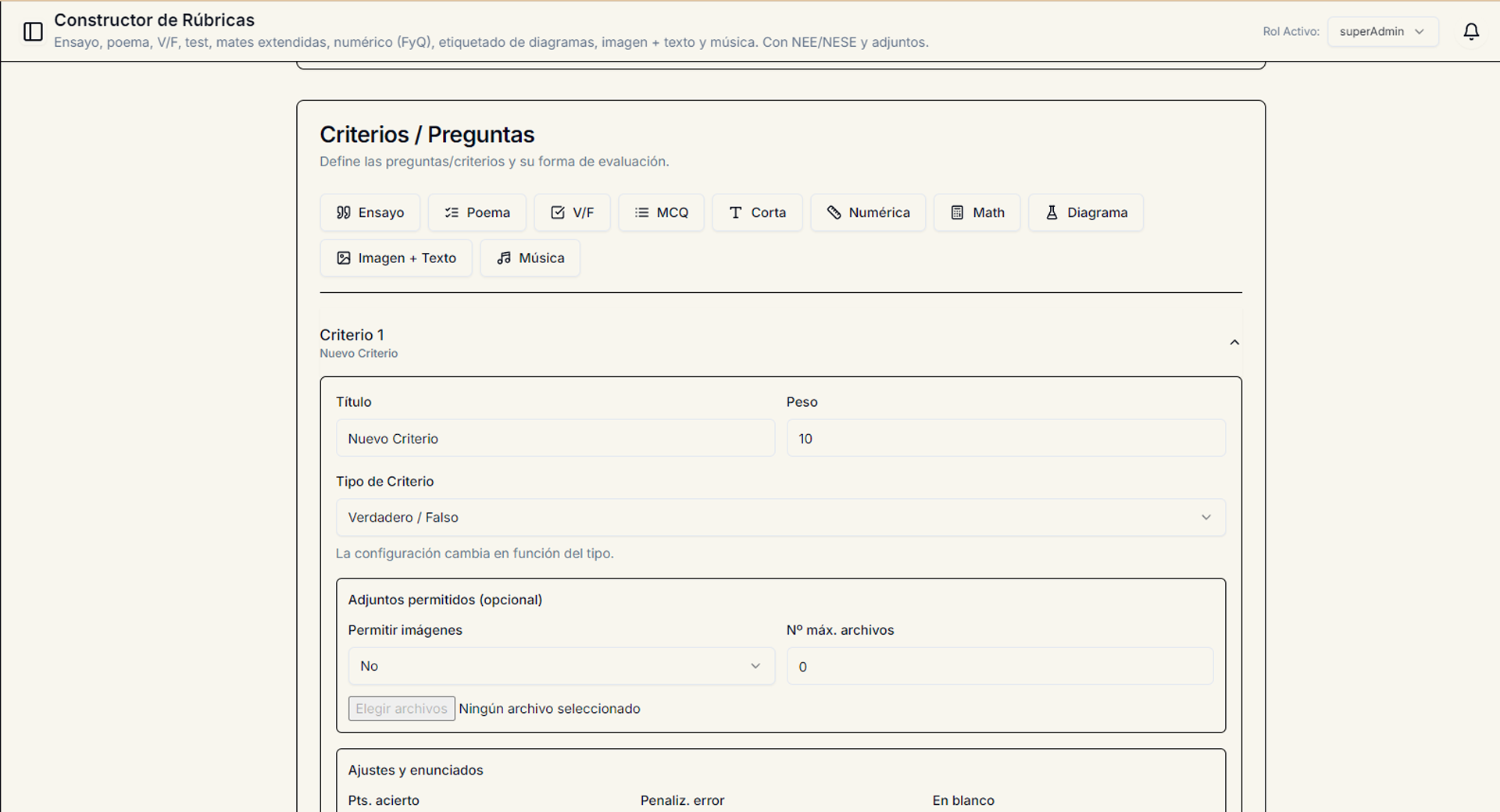 Constructor de rúbricas de correctorSofía con criterios y tipos de pregunta.